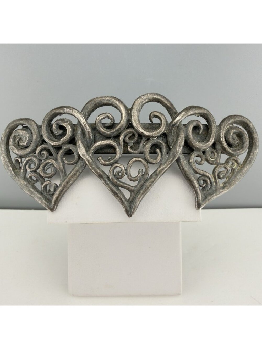 Vintage Triple Heart Barrette Hair Clip Pewter Scroll Openwork Heavy Artisan